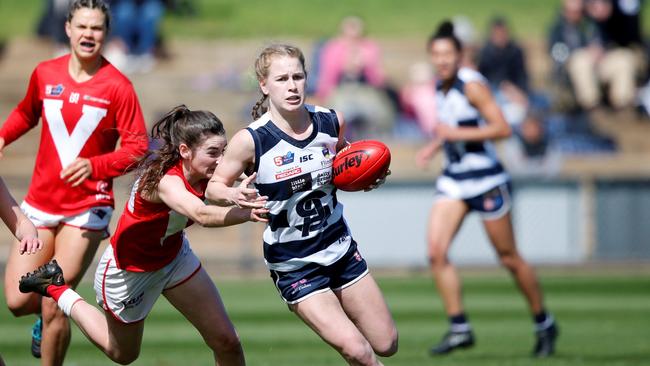 North Adelaide’s Kate Case tackles South Adelaide's Tiah Charlton during the 2020 SANFLW grand final. Picture: Supplied, SANFL