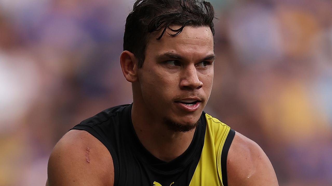 PERTH, AUSTRALIA - APRIL 14: Daniel Rioli of the Tigers in action during the round five AFL match between West Coast Eagles and Richmond Tigers at Optus Stadium, on April 14, 2024, in Perth, Australia. (Photo by Paul Kane/Getty Images)