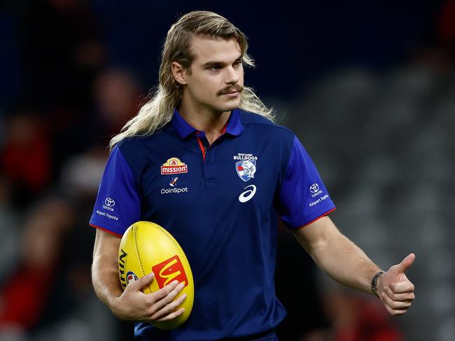 MELBOURNE, AUSTRALIA - APRIL 12: Bailey Smith of the Bulldogs gicves the thumbs up during the 2024 AFL Round 05 match between the Western Bulldogs and the Essendon Bombers at Marvel Stadium on April 12, 2024 in Melbourne, Australia. (Photo by Michael Willson/AFL Photos via Getty Images)