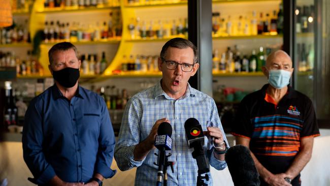 Chief Minister Michael Gunner, alongside CHO Dr Hugh Heggie and Police Commissioner Jamie Chalker give the gathered press an update on the Covid-19 situation in the Northern Territory. Picture: Che Chorley