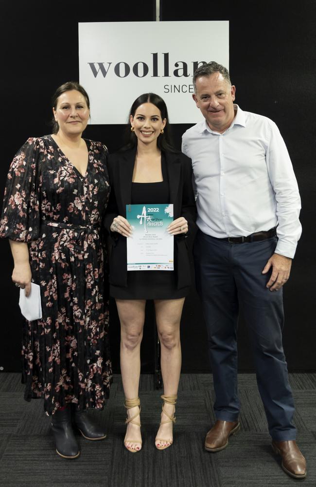 Judge Deanna Hitti, winner Emily Jayne Carroll and sponsor Craig Percival at the Woollam Art on Show Awards 2022. Picture: Contributed