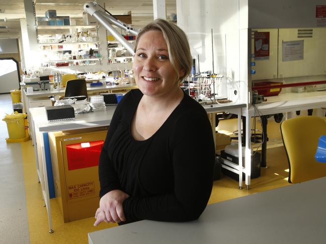 Emma Eaton during her time as a medical researcher at UTAS when she was looking into a substance that has the potential to be an effective Alzheimer’s treatment. Picture: KIM EISZELE