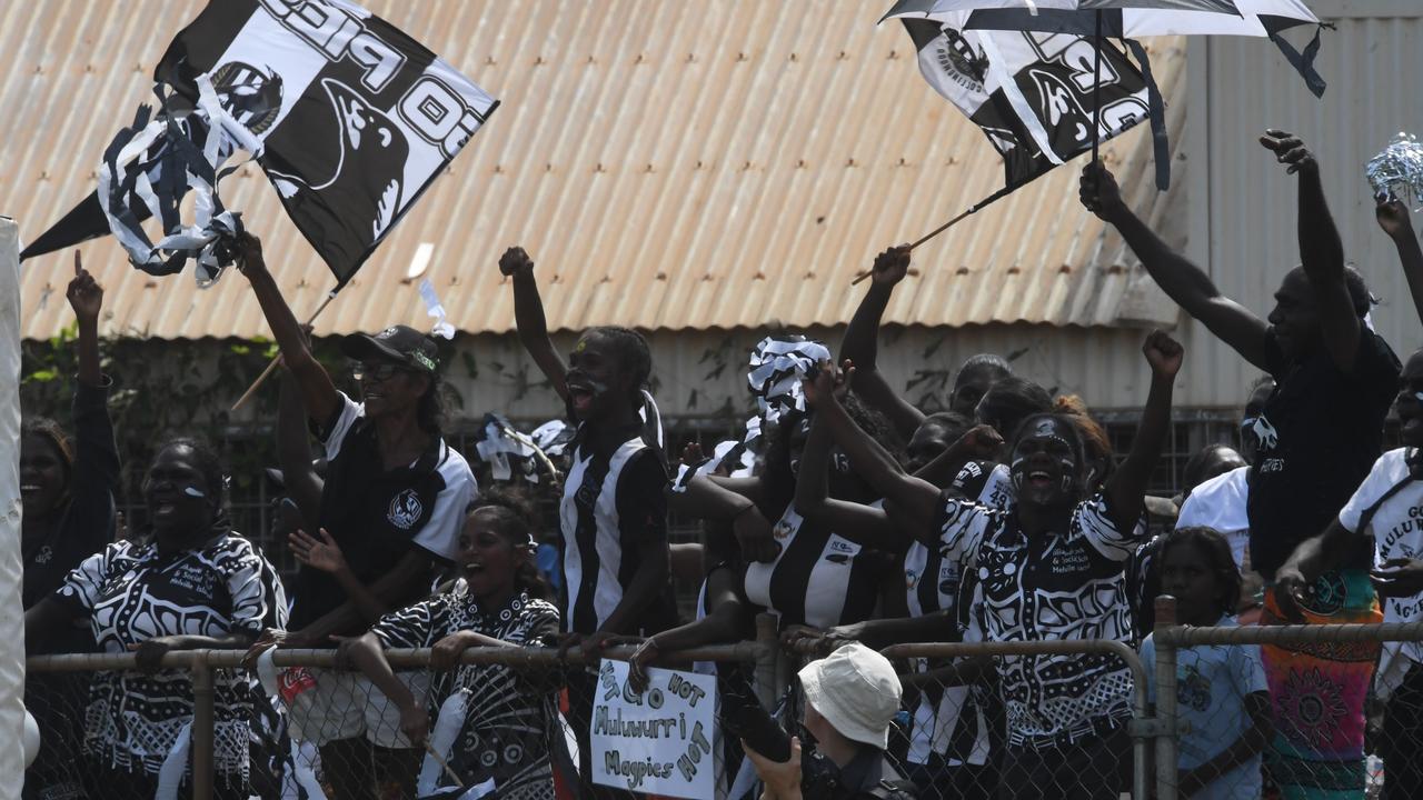 Magpie fans celebrate a goal at the Tiwi grand final. Picture: (A)manda Parkinson