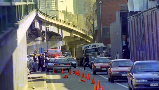 Police on the scene after the Richmond road gang robbery in June 1994.