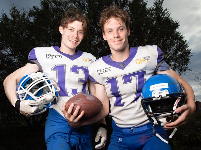 Tasmanian Twins Hudson and Keenan Griffiths from TasKeno Knights Gridiron club have been selected to represent Australia in the under 20 Outbacks. Picture: Linda Higginson