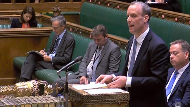 Foreign secretary Dominic Raab speaks in the House of Commons in London overnight. Picture: AFP