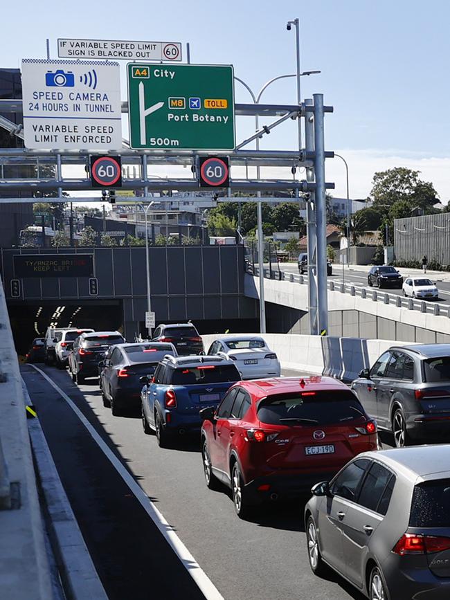 Commuter traffic at Rozelle, heading in to the new tunnel on November 30. The section is supposed to elevate traffic on Victoria Rd. Picture: Richard Dobson