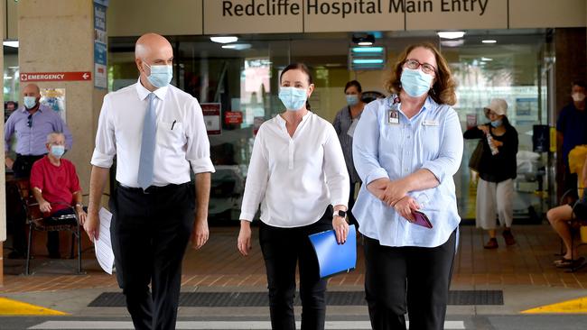 Health Minister Yvette D'Ath and chief health officer Dr John Gerrard hold a press conference at Redcliffe Hospital. Picture: John Gass