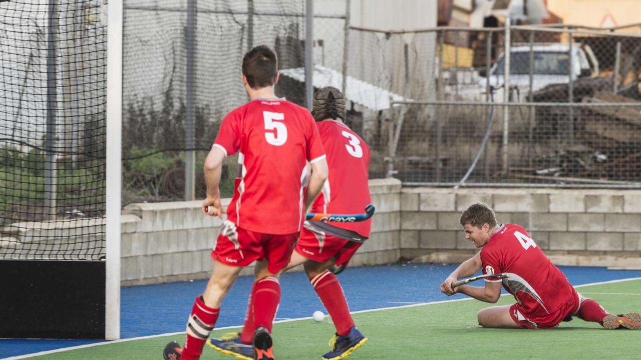 Red Lion’s Corey Guse (right) shoots at goal. Picture: Kevin Farmer