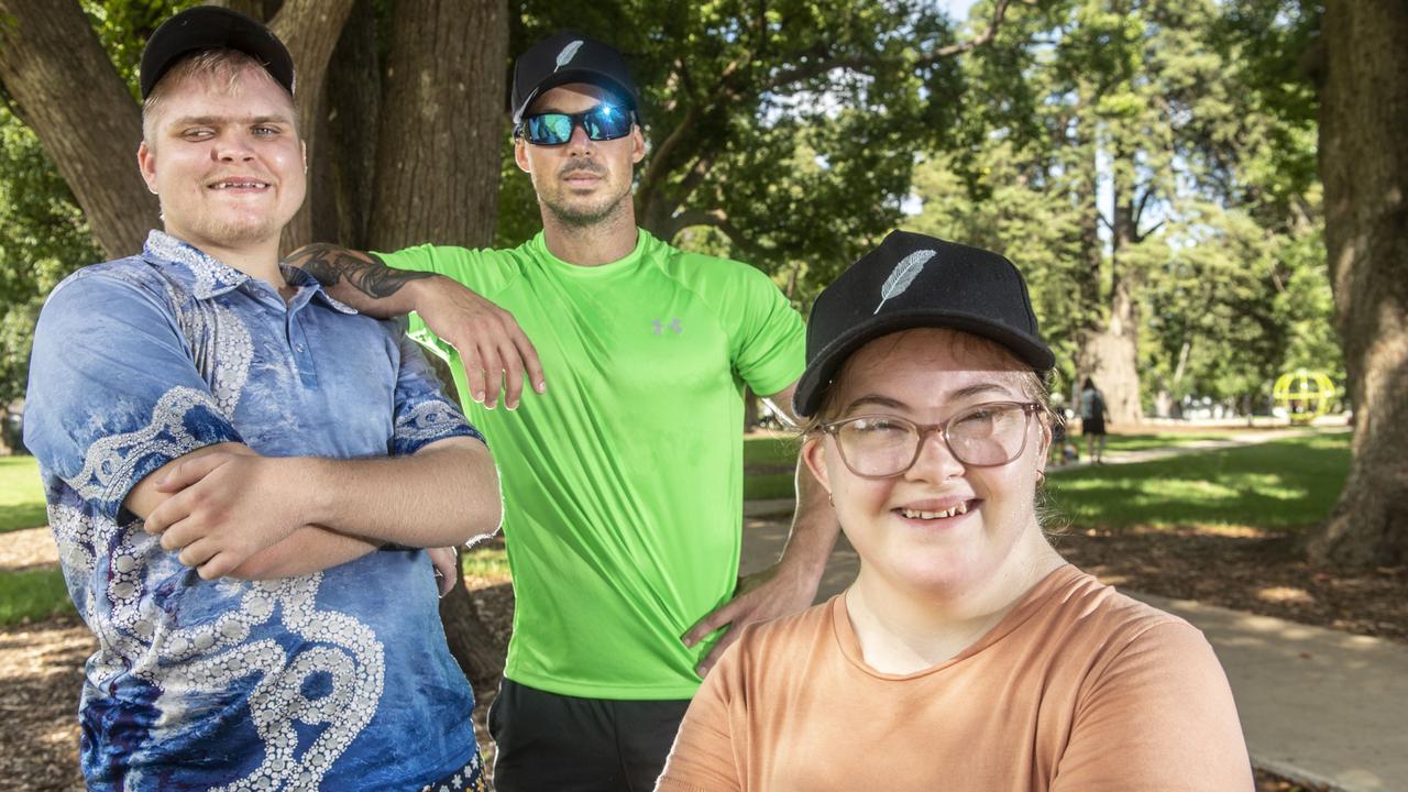 (from left) Bradley Hindmarsh, Isaac Rae and Rosie Scarlett. The team from Autistic Angels gym will take part in Run the Range. Saturday, March 25, 2023. Picture: Nev Madsen.