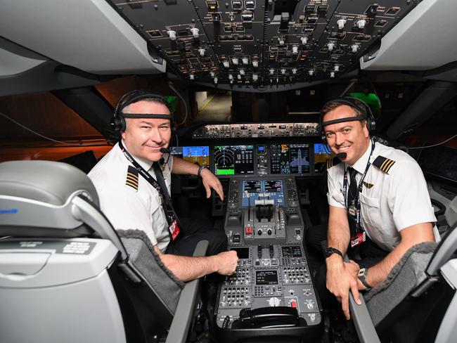 Captain Sean Golding and first officer Jeremy Sutherland before taking off from New York. Picture: James D. Morgan/Getty Images for Qantas