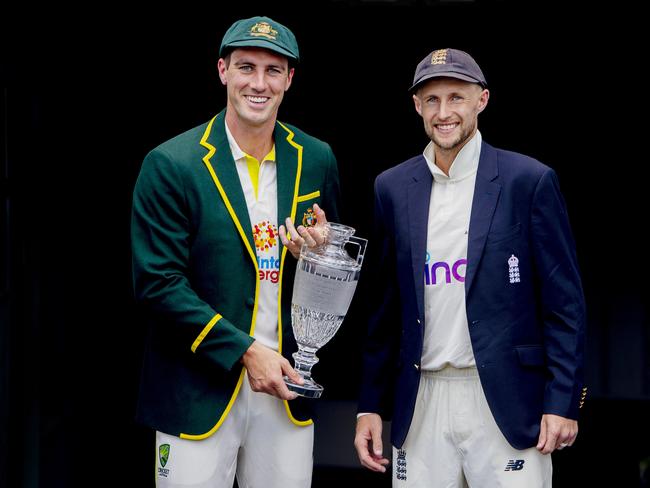 Australian Cricket captain Pat Cummins and English captain Joe Root at The Gabba, ahead of the men’s Vodafone Ashes Series which starts on Wednesday, December 8, 2021. Picture: Jerad Williams