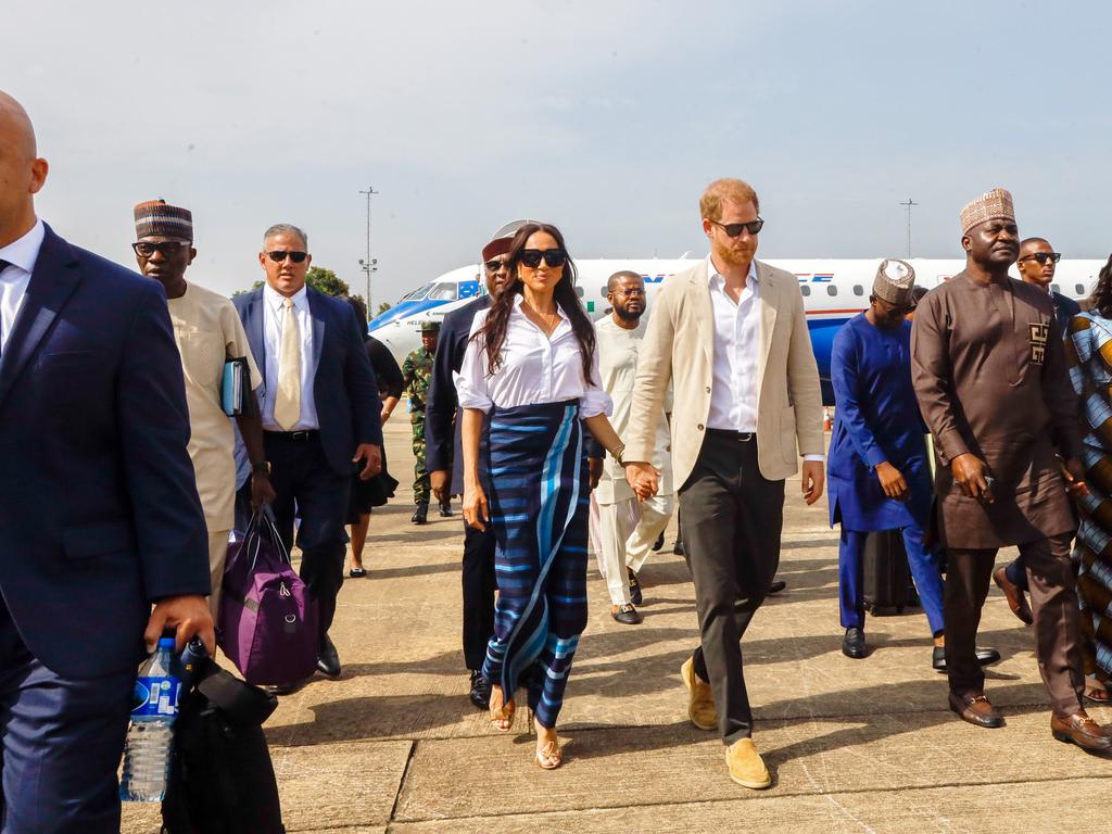 Prince Harry, Duke of Sussex and Meghan, Duchess of Sussex arrive at the Lagos airport for Official State Welcome on May 12, 2024 in Lagos, Nigeria. Picture: Andrew Esiebo/Getty Images for The Archewell Foundation