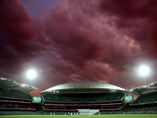 A dramatic sunset over a day-night Sheffield Shield match between SA and NSW last year. Picture: Sarah Reed