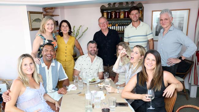 Kurtley Beale with his wife Maddi and friend Adam Ashley Cooper (seated at the back) and wife Anna and other family and friends at Sean's Panorama in North Bondi. Picture: Damian Shaw