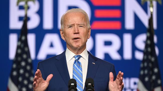 Joe Biden speaks at the Chase Centre in Wilmington, Delaware on Thursday. Picture: AFP