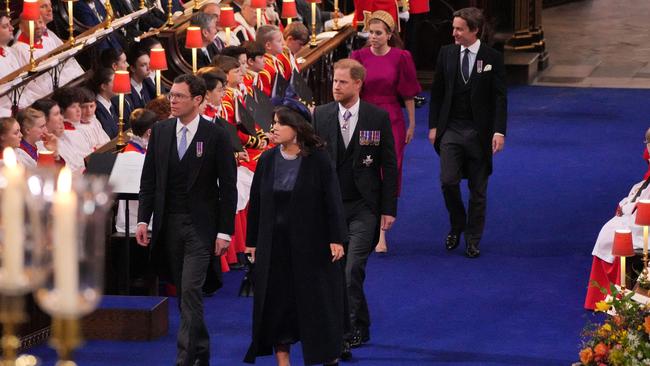 Princess Eugenie and Jack Brooksbank (front), Britain's Prince Harry, Duke of Sussex (centre) and Princess Beatrice and Edoardo Mapelli Mozzi arrive at Westminster Abbey in central London. Picture: AFP