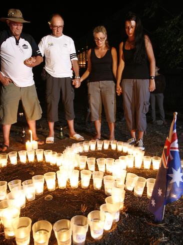 Maria (second right) in Bali with her cousin and Spike Stewart and Bill Hardy, who both lost their sons in the bombings. Picture: Lukman Bintoro