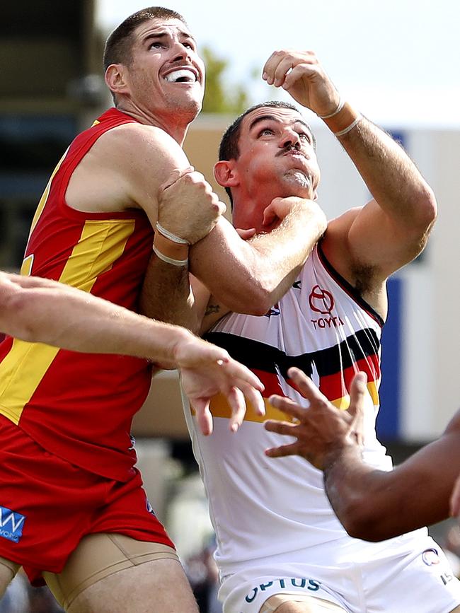 Taylor Walker had his work cut out for him after being thrown into the ruck by the Crows. Picture: Sarah Reed