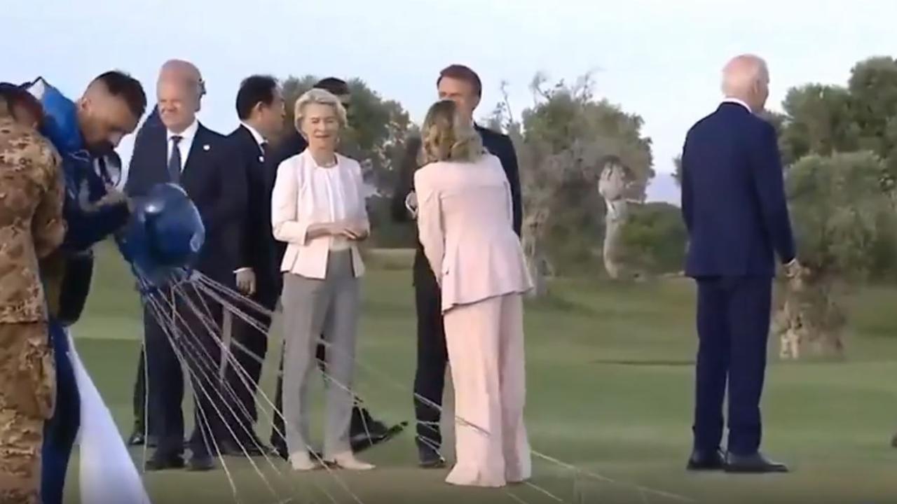 US President Joe Biden, appears to wander off during a paratrooper display in Italy for the G7 summit. Picture: Twitter