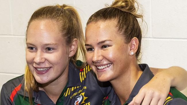 Lauren Cheatle and Hannah Trethewy celebrating Campbelltown Camden District Cricket Club's first grade victory in 2018/19 NSW Premier Cricket.