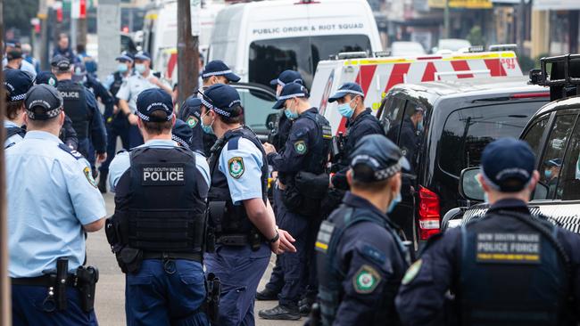 Hundreds of officers are in the CBD to head-off an anti-lockdown protest. Picture: Julian Andrews.