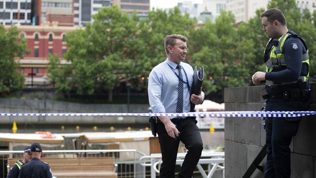 Police attending to the Yarra River, where a body was found on Sunday morning. Picture: Sarah Matray