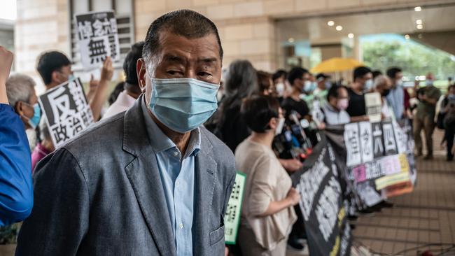 Jimmy Lai arrives the West Kowloon Magistrates Court for a hearing last week. Picture: Getty Images