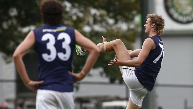 MELBOURNE, AUSTRALIA – APRIL 10: Jacob Edwards of the Dragons kicks for goal during the NAB League Boys match between the Northern Knights and the Sandringham Dragons at Preston City Oval on April 10, 2021 in Melbourne, Australia. (Photo by Cameron Grimes/AFL Photos)