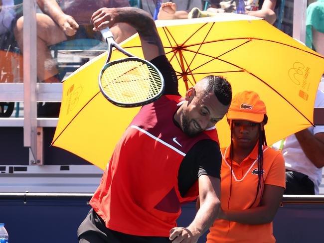 The game of tennis has taken its toll on Kyrgios. Picture: Michael Reaves/Getty Images