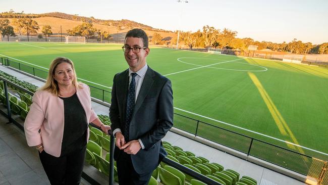 Federal member for Mayo, Rebekha Sharkie, and state member for Kavel, Dan Cregan, at Mount Barker's new regional sports hub. Picture: District of Mt Barker