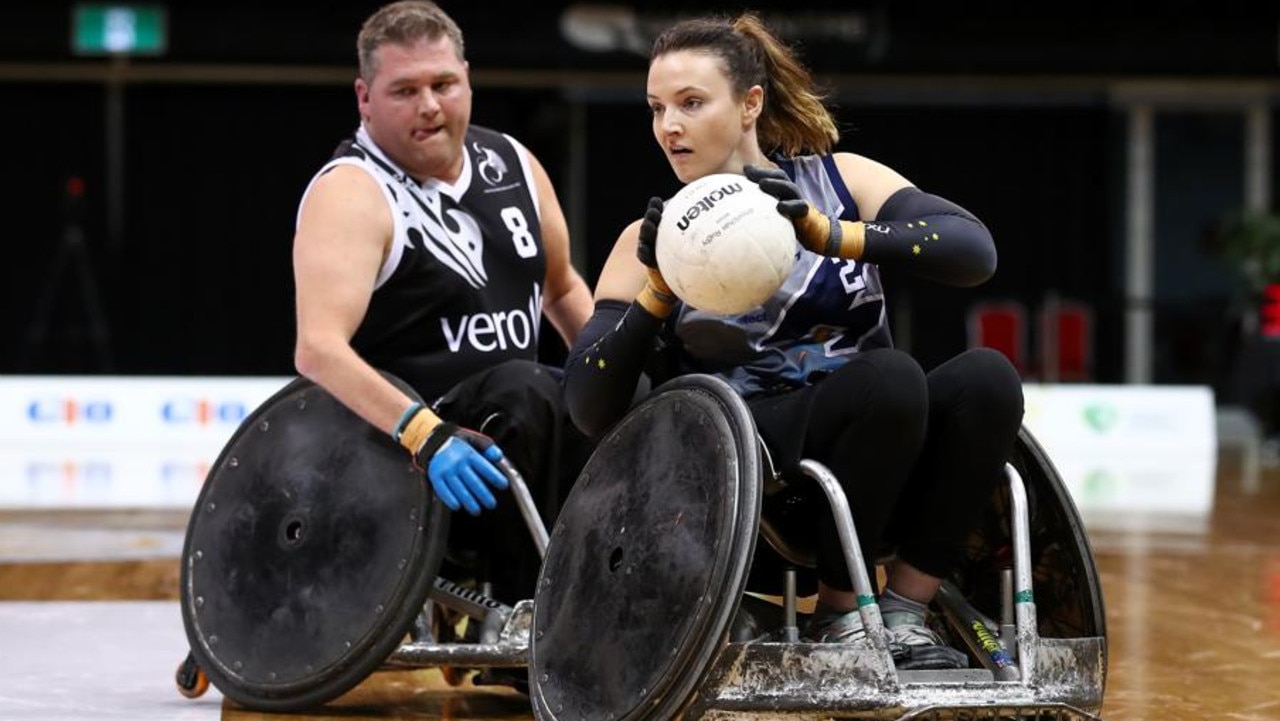 Shae Graham passes during amatch between Victoria Thunder and The New Zealand Wheel Blacks during the 2019 Wheelchair Rugby National Championship in 2019. Picture: Cameron Spencer/Getty Images