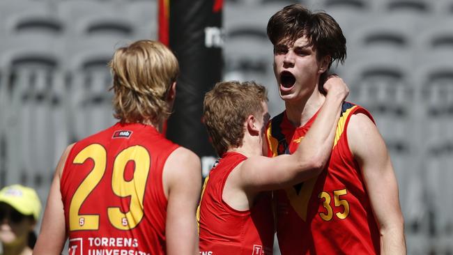 Goodwood’s Oscar Steene celebrates a goal for South Australia during the 2021 under-19 Championship match between WA and SA at Optus Stadium on September 25. Picture: Dylan Burns/AFL Photos via Getty Images