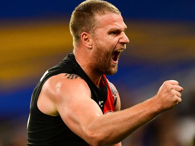 PERTH, AUSTRALIA - JUNE 21: Jake Stringer of the Bombers celebrates a goal during the 2018 AFL round 14 match between the West Coast Eagles and the Essendon Bombers at Optus Stadium on June 21, 2018 in Perth, Australia. (Photo by Daniel Carson/AFL Media/Getty Images)