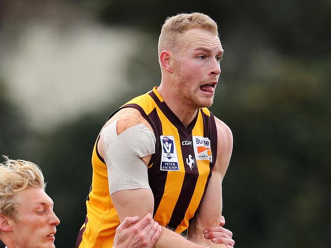 VFL.  Box Hill v North Ballarat at Box Hill City Oval. Andrew Moore tackled by Mitch Rodd   . Pic: Michael Klein