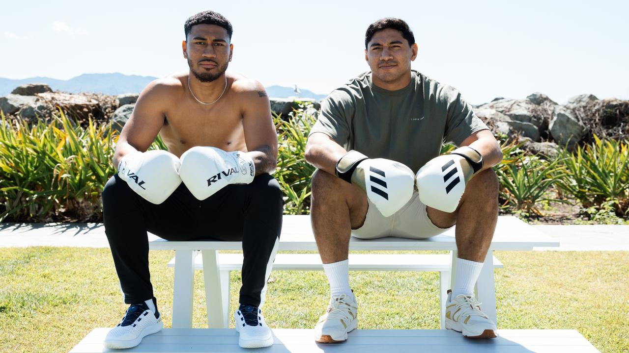 Cowboy Jason Taumalolo and unbeaten boxer Paulo Aokuso at the Ville to promote an NRL-themed boxing blockbuster in Townsville on October 7. Picture: Robbie Bolton – 537 Media