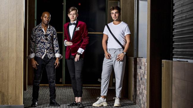 From left, Farai Chiwedza, Michael Dunn and James Carney at Chop Chop, Surfers Paradise, for Best Dressed 2019. Picture: Jerad Williams