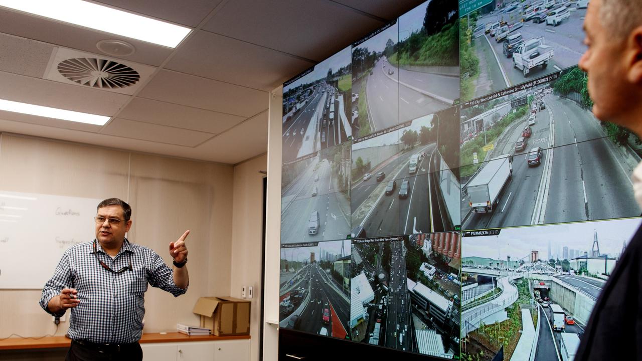 NSW Roads minister John Graham and Transport traffic operations Chris Zito during a visit to the Transport Management Centre. Picture: NCA NewsWire / Nikki Short