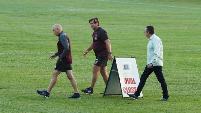 Cronulla Sharks NRL official Shane Smith inspects Brookvale Oval with Manly officials including coach Des Hasler and Manly GM of football John Bonasera, after concerns regarding the playing surface. Picture: Brett Costello