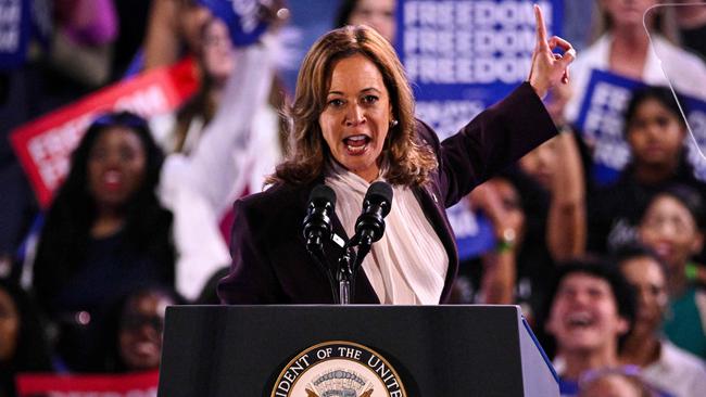 US Vice President and Democratic presidential candidate Kamala Harris gestures as she speaks during a campaign rally at Shell Energy Stadium in Houston, Texas, on October 25, 2024. (Photo by Miguel J. Rodriguez Carrillo / AFP)