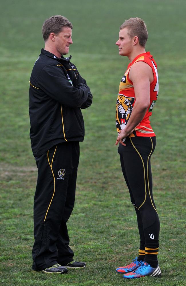 Hardwick and Ellis at Richmond training in 2012. Picture: Craig Borrow