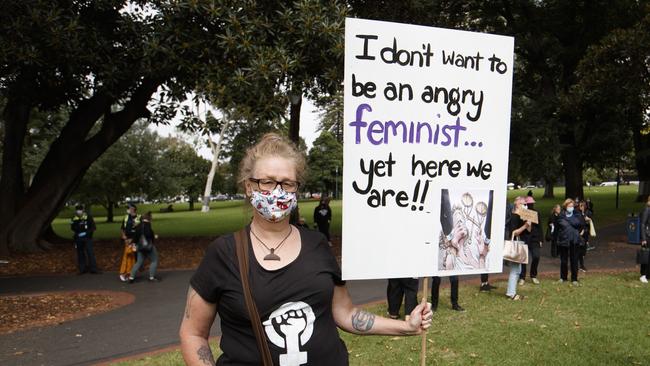 Women gather at Treasury Gardens in Melbourne to participate in a nationwide Australian women‘smovement, demanding justice and action against gendered violence and widespread change in workplaces and in our political and criminal justice systems. Picture: NCA NewsWire / David Geraghty