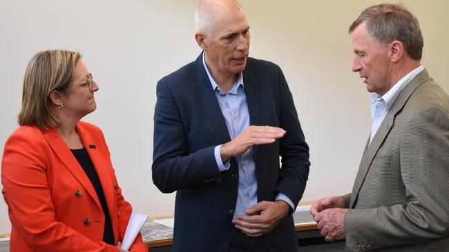 TasRex CEO Bess Clark, Energy Minister Nick Duigan MLC and grazier Roderic O'Connor at the Bell Bay Advanced Manufacturing Zone for the launch of renewables company TasRex. Picture: Alex Treacy