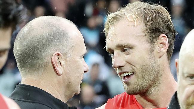 Jack Hombsch (R) will serve as the Crows’ backline coach. Picture: Sarah Reed