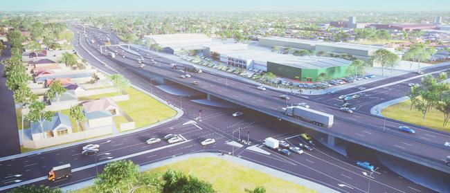 Artist impression of a proposed overpass on the corner of Regency and South road.