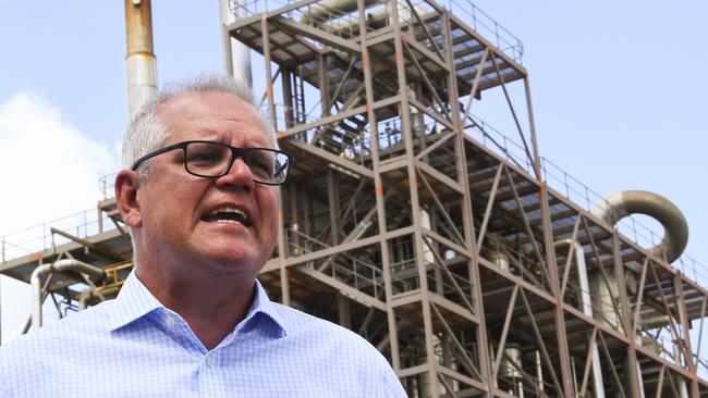 Australian Prime Minister Scott Morrison speaks to the media during a visit to Northern Oil Refinery in Gladstone on Thursday, January 21, 2021. (AAP Image/Lukas Coch)