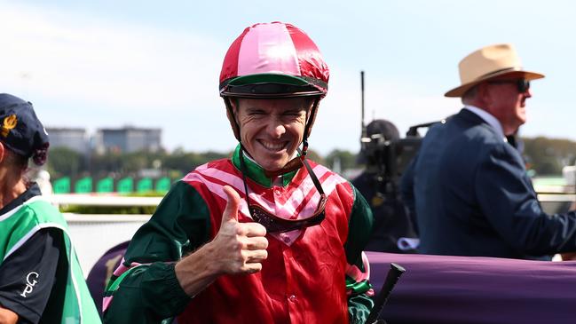 SYDNEY, AUSTRALIA - FEBRUARY 17: Jason Collett riding Kimochi   wins Race 8 TAB Light Fingers Stakes during "Apollo Stakes Day" - Sydney Racing at Royal Randwick Racecourse on February 17, 2024 in Sydney, Australia. (Photo by Jeremy Ng/Getty Images)