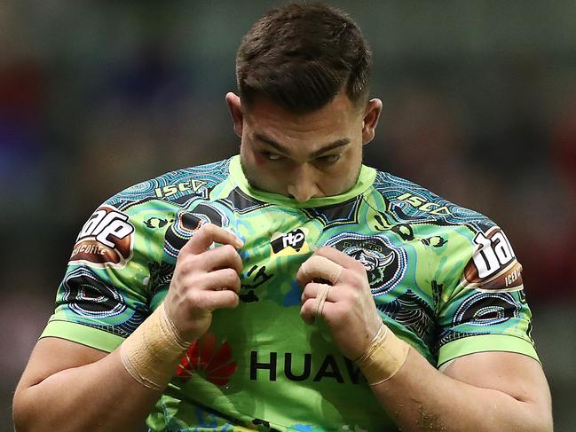 WOLLONGONG, AUSTRALIA - JULY 14: Nick Cotric of the Raiders walks from the field after being sent off for a tackle on Timoteo Lafai of the Dragons during the round 17 NRL match between the St George Illawarra Dragons and the Canberra Raiders at WIN Stadium on July 14, 2019 in Wollongong, Australia. (Photo by Mark Metcalfe/Getty Images)