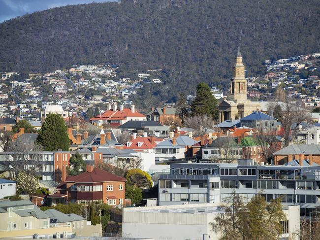 St Georges Church spire and Battery Point from the Hobart waterfront. Picture: Richard Jupe