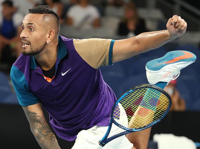 Australian Open tennis. 10/02/2021. Day 3..  Nick Kyrgios vs Ugo Humbert on John Cain Arena.  Nick Kyrgios  serves  . Pic: Michael Klein